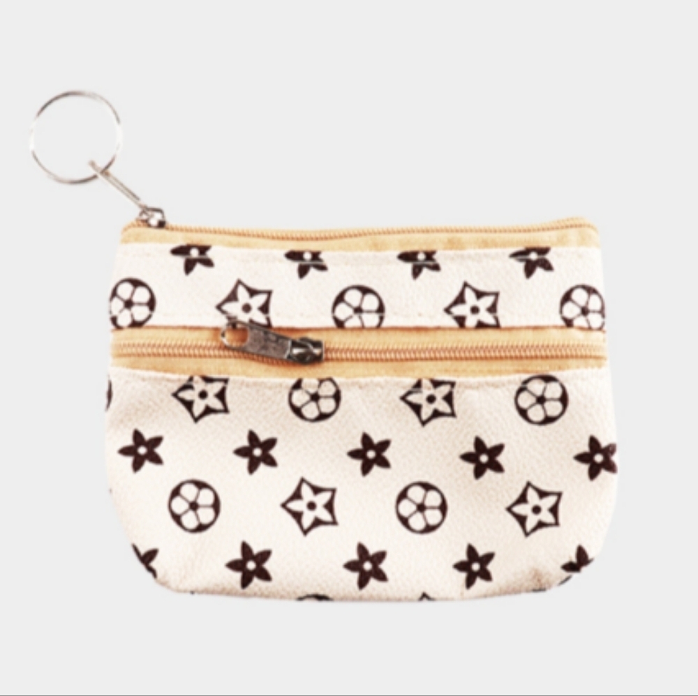 Flower pattern Faux leather Bag Charm Keychain coin purse white